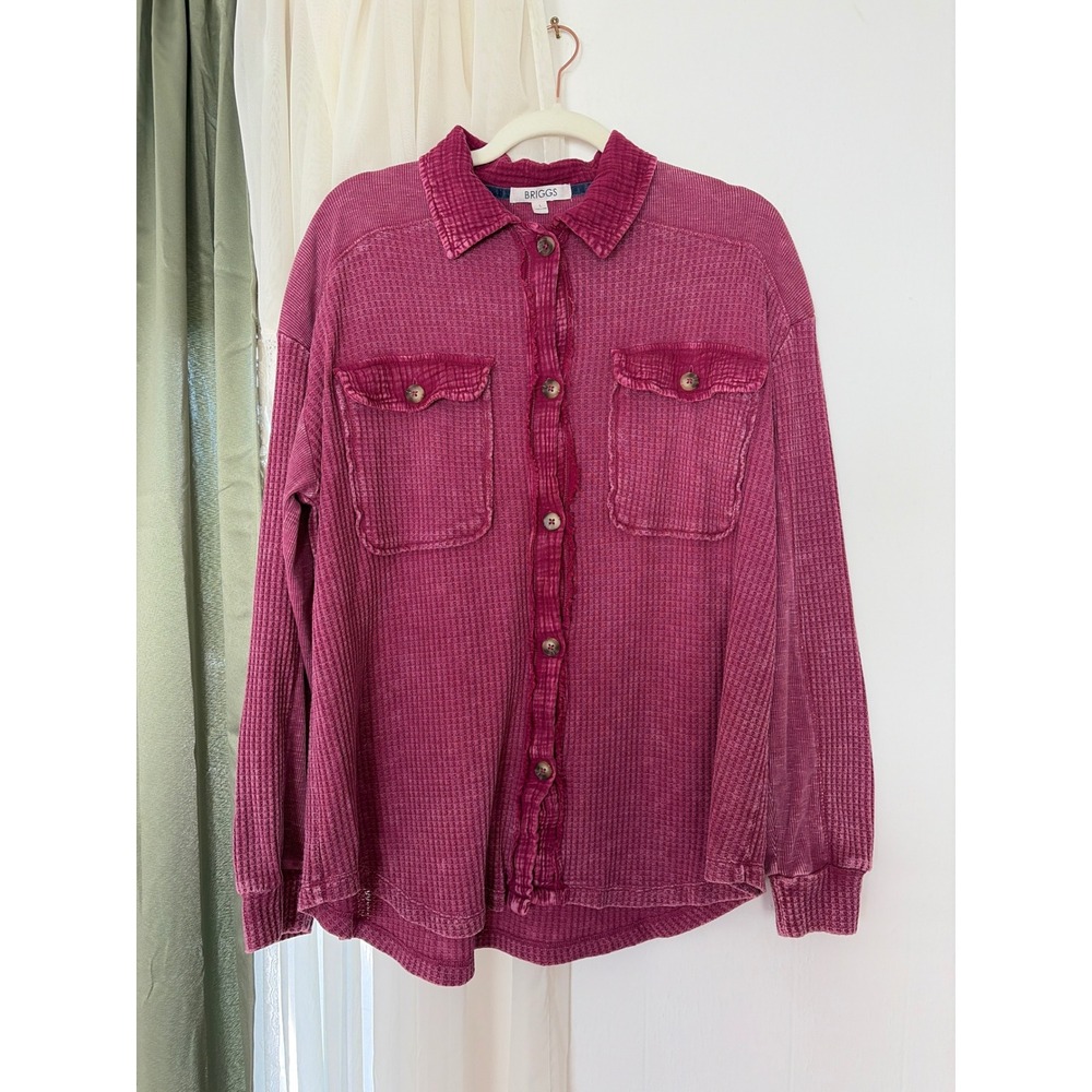 Briggs Waffle Knit Shacket Women L Magenta Button Front Raw Edge Fringe Bonfire